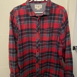 Billabong Men's Red and Gray Plaid Overshirt